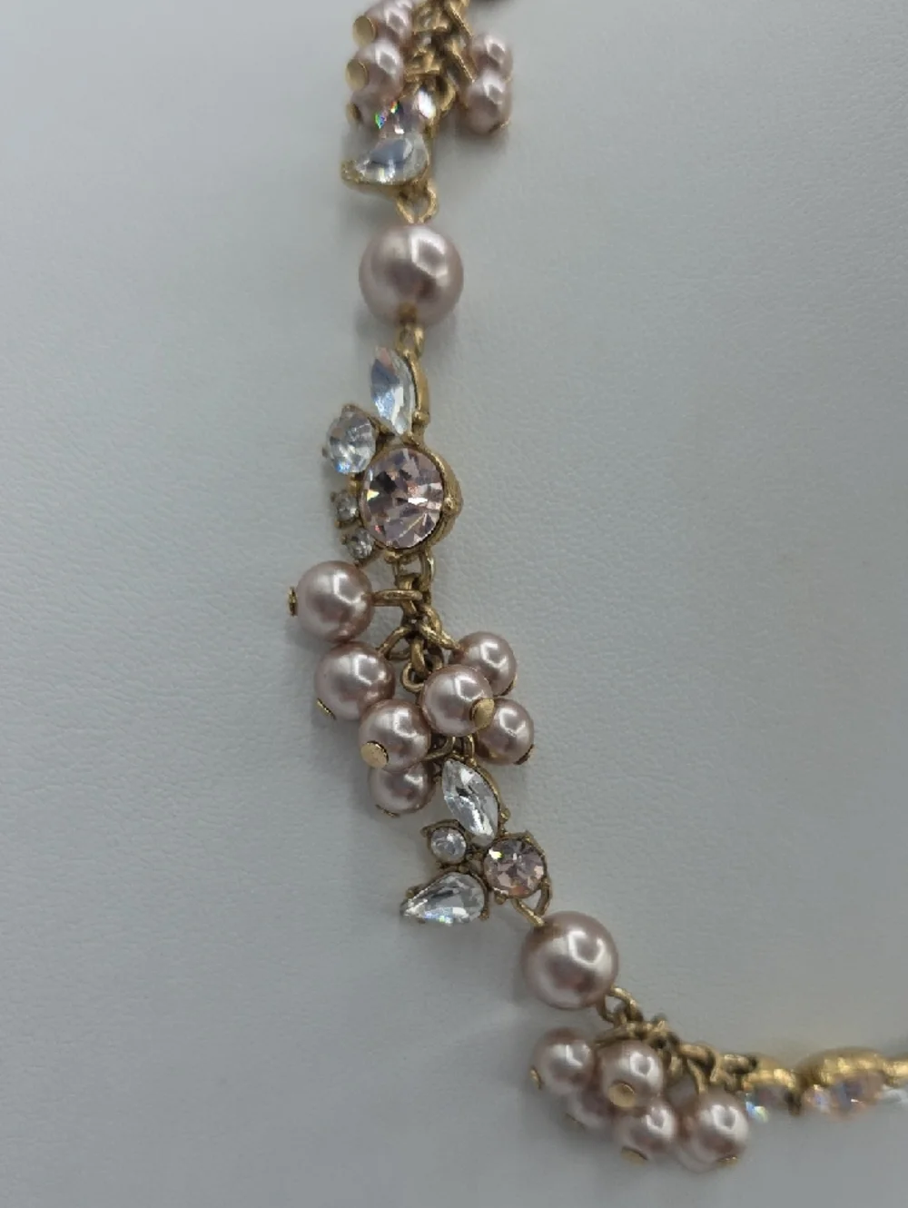 J. Crew Gold-Tone Necklace with Blush Pearl Clusters and Clear Crystals